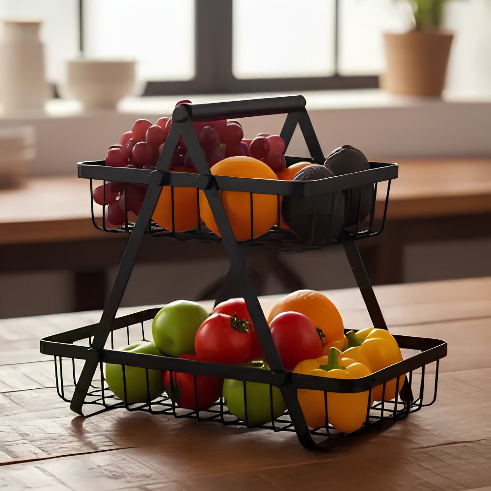 2-Tier Fruit & Vegetable Basket for Dining Table/Kitchen Fruit Basket (Black)